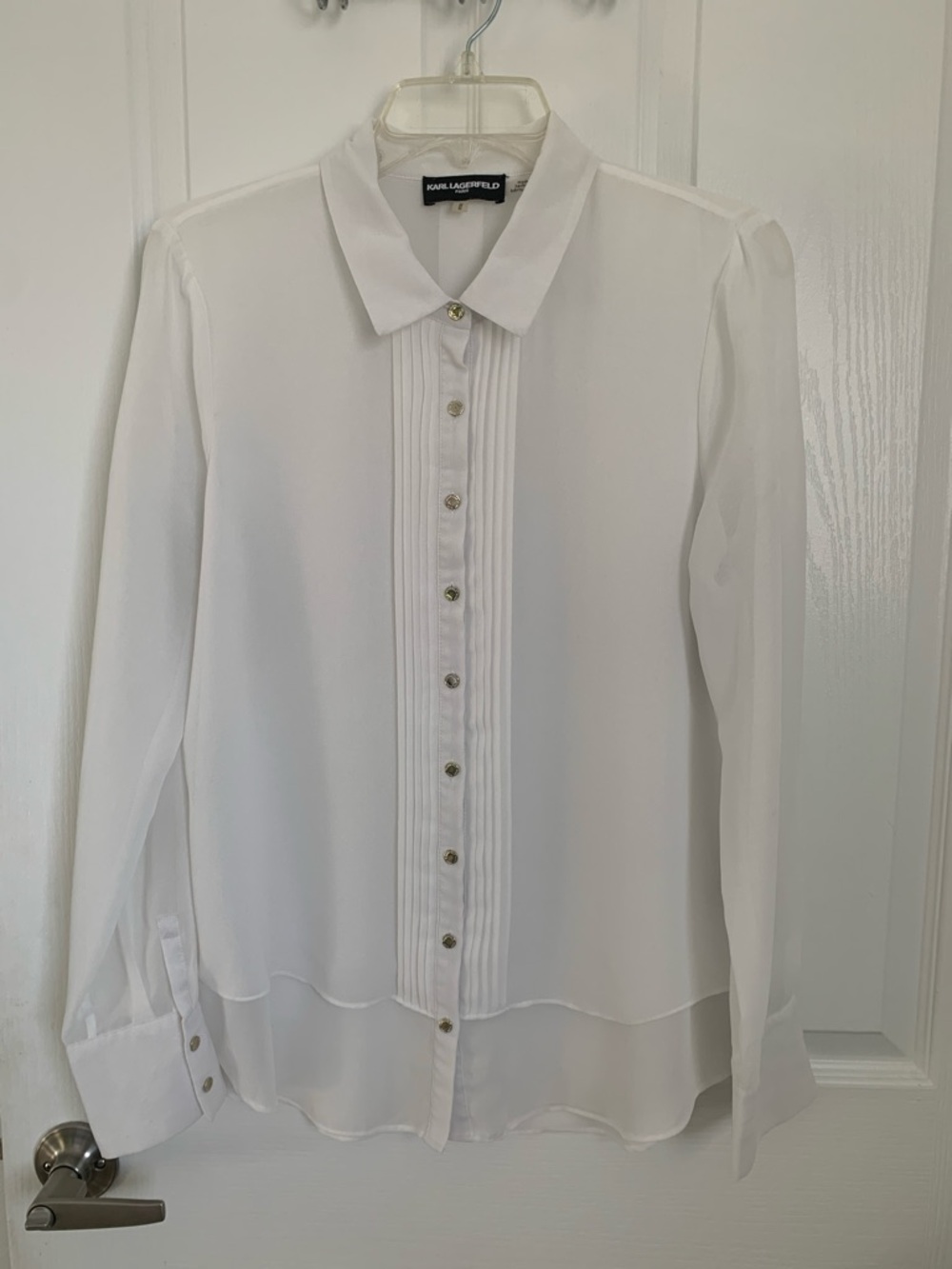 # 5/8 Karl Lagerfeld White Pintuck Front Blouse with Gold Buttons, size M
